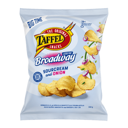 Image of: Taffel Broadway Less Fat hapukoore-sibulamaitselised kartulikrõpsud 260g x 15