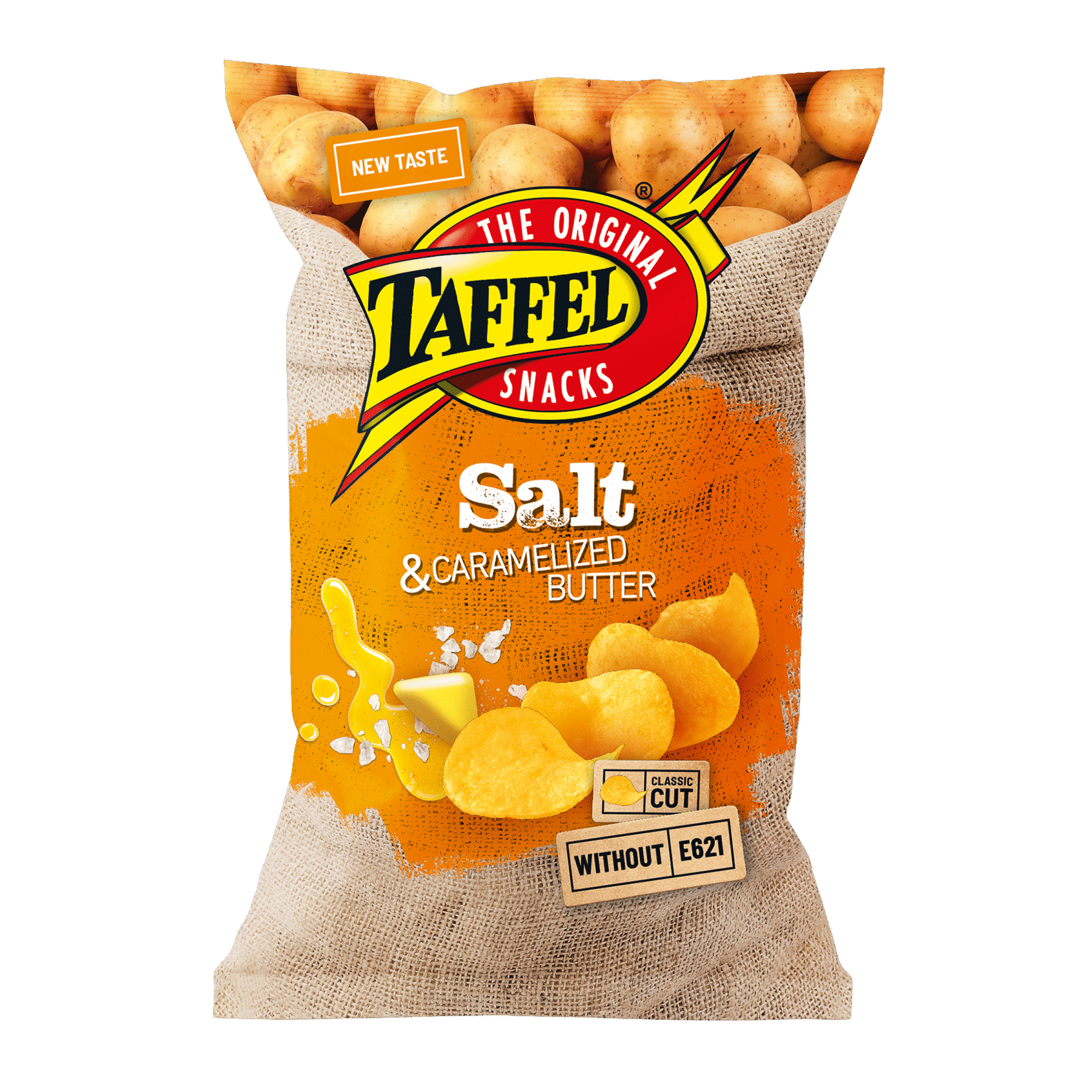 Tootepilt tootele Taffel soola ja karamelliseeritud või maitselised siledad kartulilaastud 180g x 18