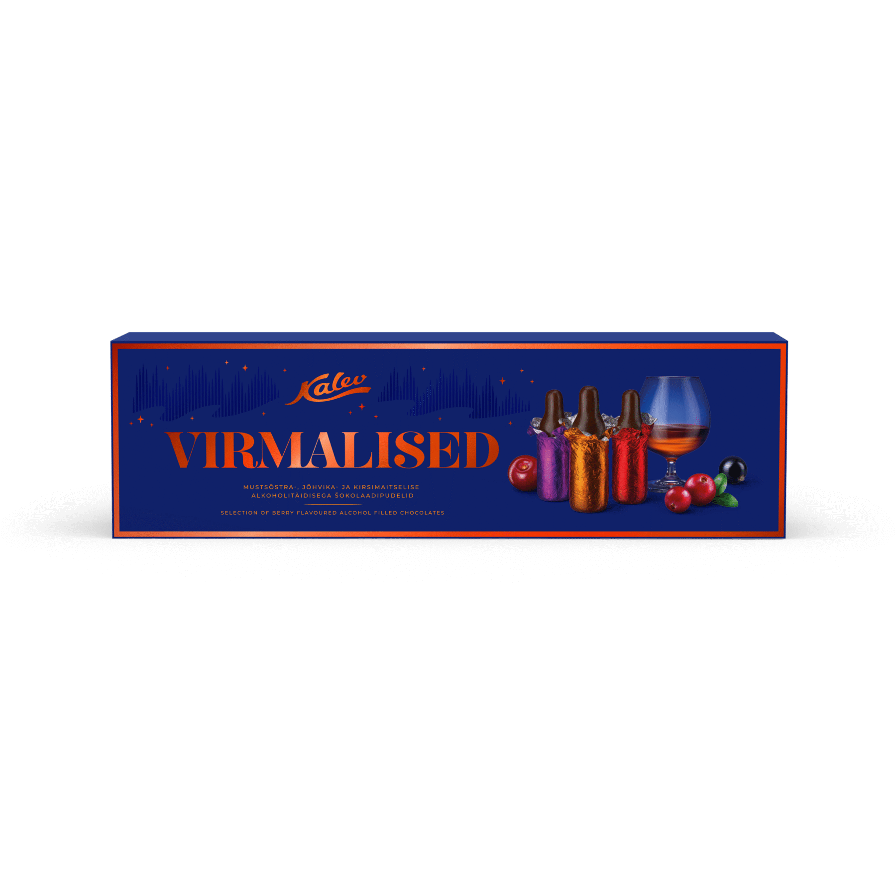 Tootepilt tootele Kalev Virmalised šokolaadipudelid marjamaitseliste alkoholitäidistega 150g x 18