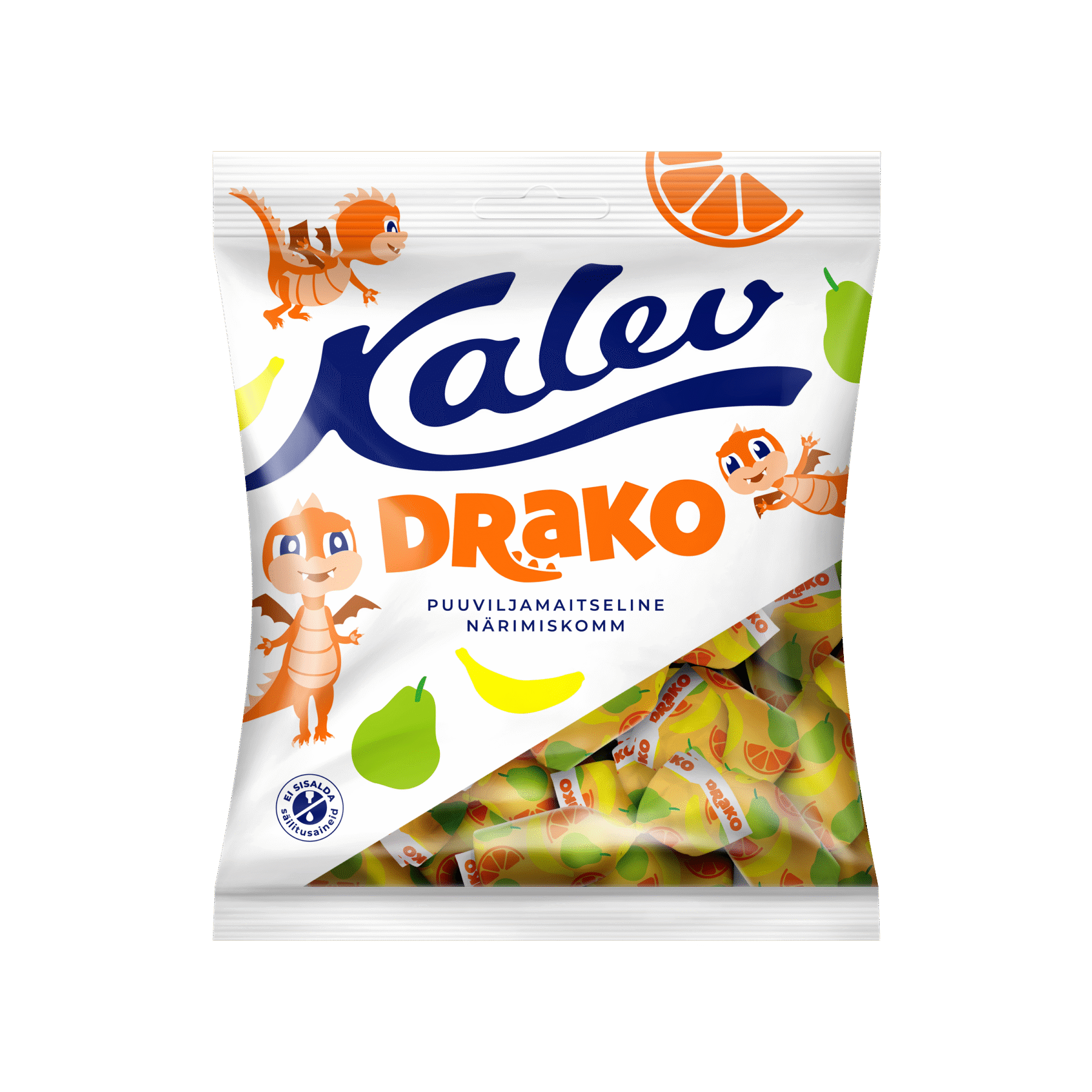 Tootepilt tootele Kalev Drako puuviljamaitselised närimiskommid 110g x 27