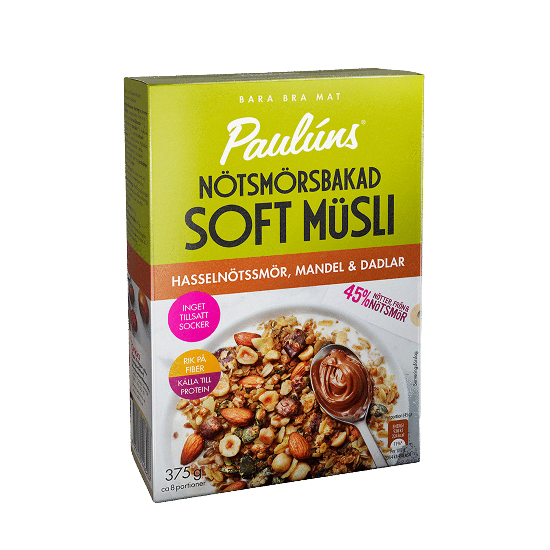 Tootepilt tootele Paulúns Pähklivõis küpsetatud pehme müsli mandlite ja datlitega 375g x 8