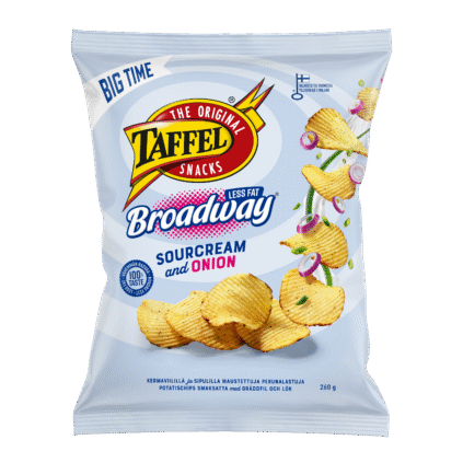 Tootepilt tootele Taffel Broadway Less Fat hapukoore-sibulamaitselised kartulikrõpsud 260g x 15