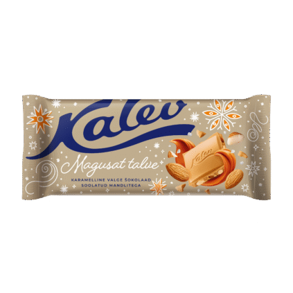 Tootepilt tootele Kalev karamellimaitseline valge šokolaad soolatud mandlitega 100g x 13