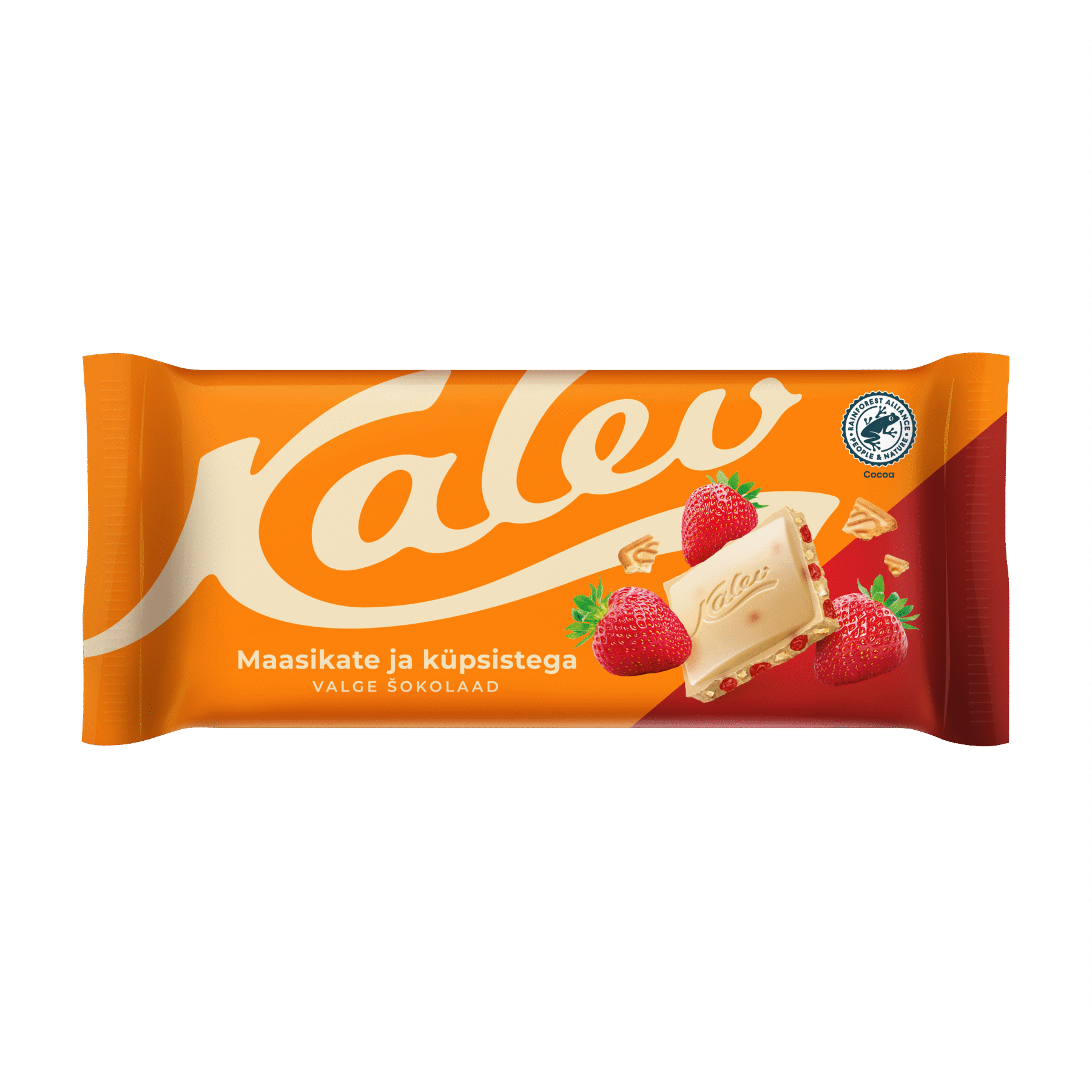 Tootepilt tootele Kalev valge šokolaad küpsisetükkidega ja maasikaga 100g x 13