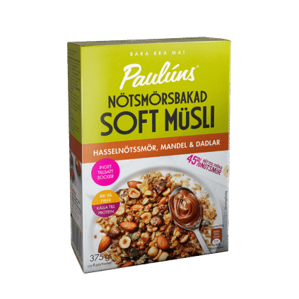 Мягкие мюсли Paulúns, запеченные в ореховом масле, с миндалем и финиками 375г x 8